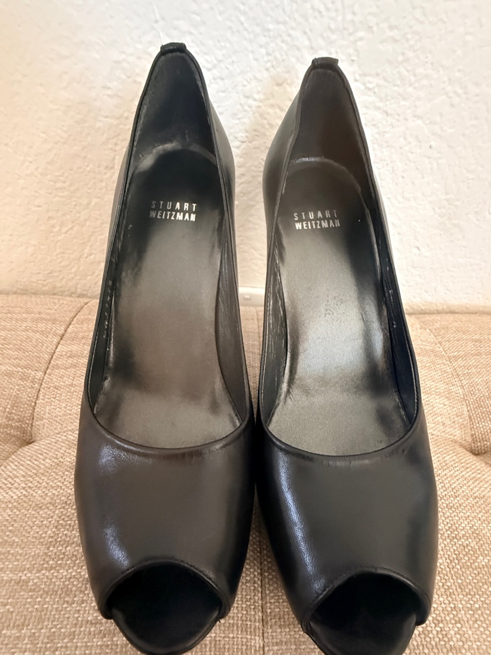Stuart Weitzman Black Leather Peep-Toe Platform Stilettos - Picture 3 of 6
